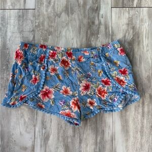 Bebop Women’s Large Floral Blue Shorts Crochet Pom Pom Trim Boho Beach Summer